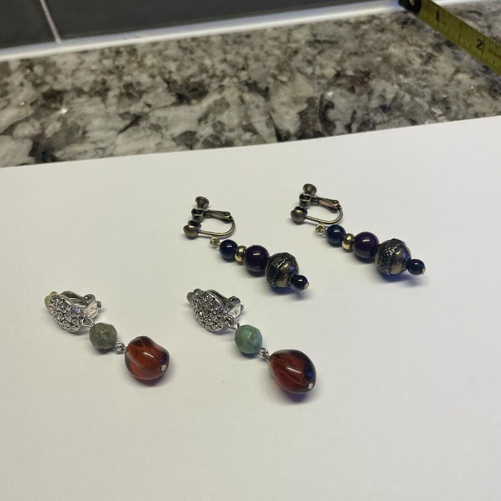 Lot Of 2 Vintage - Modern Bead / Beaded Dangle Clip On Clip-on Earrings